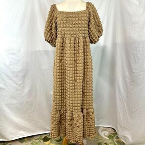 SIMPLY SOUTHERN Brown Babydoll Tiered Bubble Maxi Dress Puff Sleeve Sz M Prairie